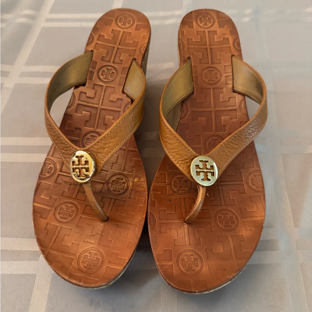 Tory Burch Tan Leather Flip Flops